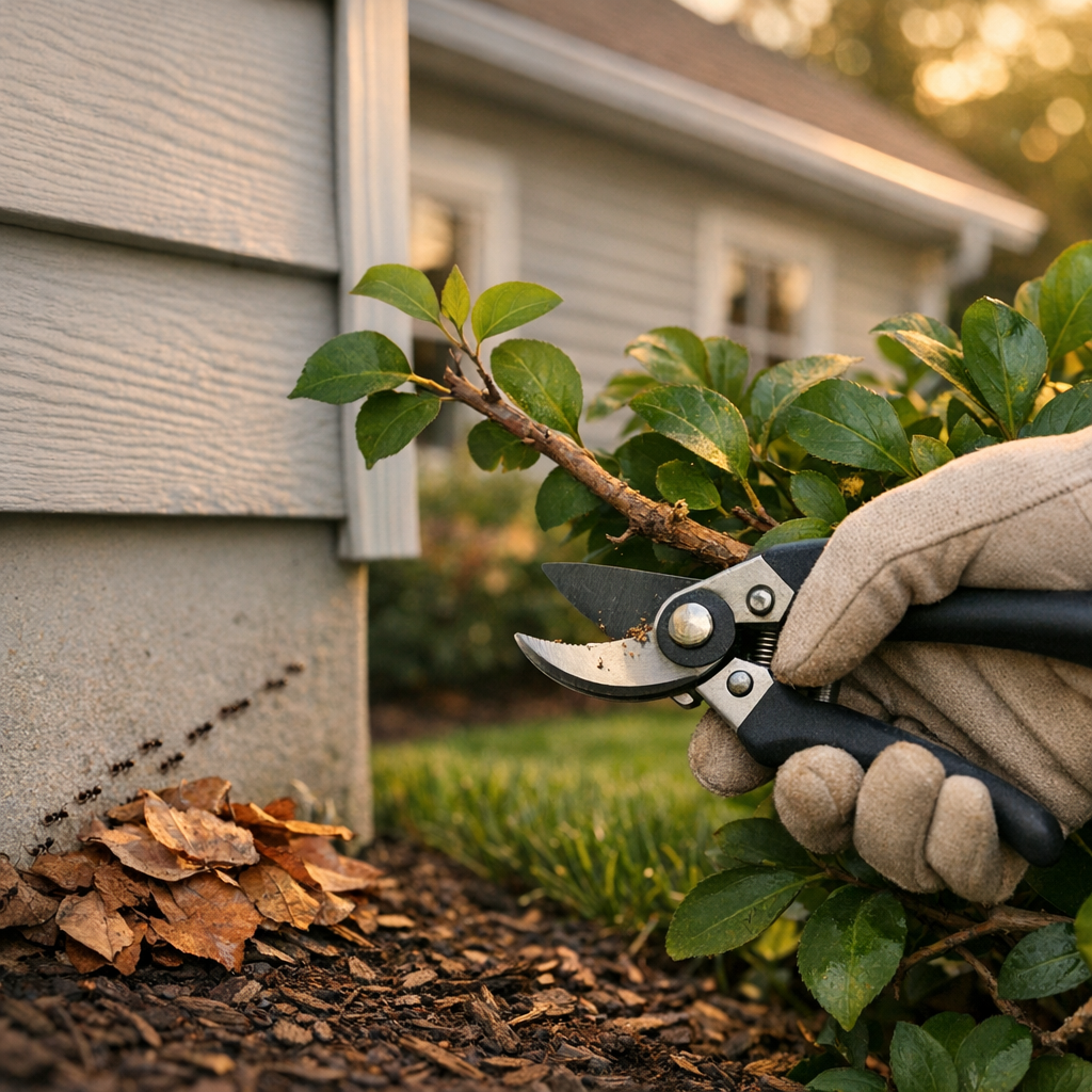 Pruning Hand Cuts Shrub Branch Near Siding And Gutter