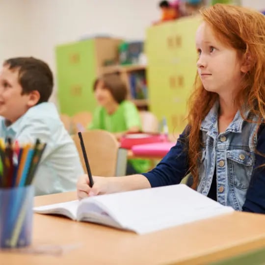 Students sitting at her desk during the lesson